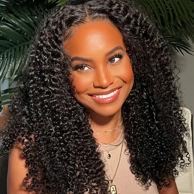 180% Density 4x4 HD Transparent Lace Front Wig - 40" Long Brazilian Virgin Human Hair #1B Afro Curly/Kinky Deep Wavy Wig with Tiny Knots, Glueless Pre-Cut & Pre-Plucked Baby Hair for Women of All Ethnicities, Natural Hairpiec